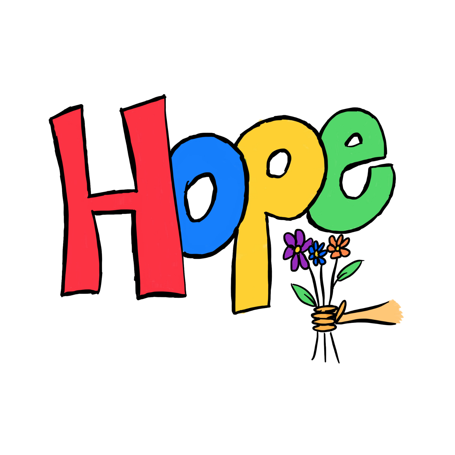 Le mot Hope, espoir, tenu avec un bouquet de fleurs